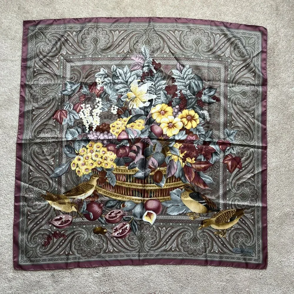 Vintage Brooks Brothers Scarf 100% Silk Italy Floral Fruit Birds Square 34